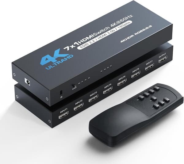 HDMI 2.0-switch 7x1 HDMI-switch med infraröd fjärrkontroll, automatisk växling, stöd för 4K60HZ