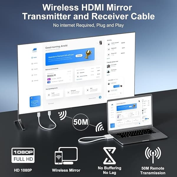 NÖRDIC Wireless HDMI Extender Transmitter and Receiver Kit, 30m 4K Support 5GHz