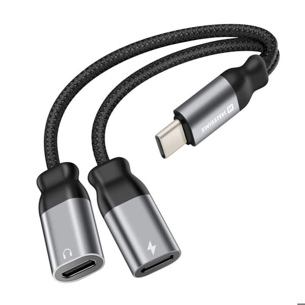Splitter Audio och USB-C Laddare 2-i-1 Nylon Flätad Anti-nod Swissten Svart