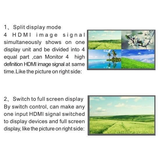 HDMI-switch 4 matar in en utgång, med flera visningar på PIP-skärmen 1 till 4 bilder. Quad HDMI multiviewer-omkopplare.