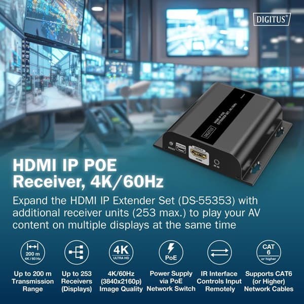 DIGITUS HDMI IP PoE-extenderset – UHD 4k 60 Hz – HDMI 2.0 – tot 200 m bereik – zender en ontvanger – tot 253 ontvangers – CAT 6 – zwart