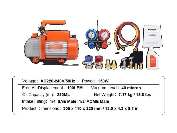 AC Vakuumpump, Oljevolym 250 ML, 40 Mikron Vakuumnivå,3.5CFM A2L