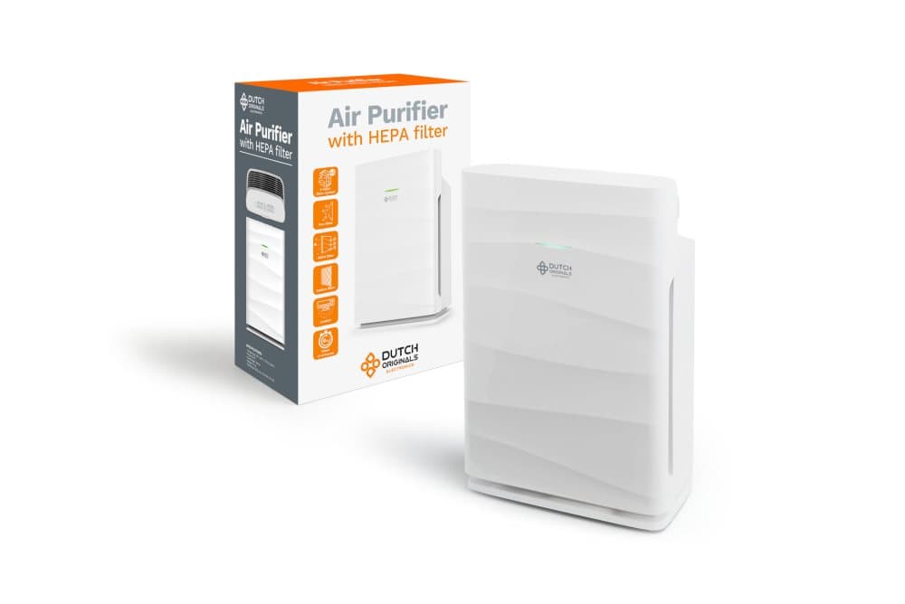 DUTCH ORIGINALS Luftrenare med HEPA-filter, Vit Air Filter 65 W, Stilren Luftrenare med Timer och Nattläge, Luftrenare med 3 Filter, 34 x 19 x 48,5 cm