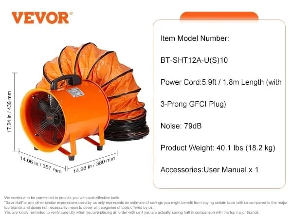 Bärbar ventilator, 12-tums cylindrisk fläkt, 3198CFM industriell användningsfläkt, 10 m-367W