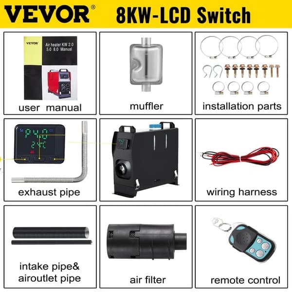 Bilvarmer, 8KW Varmeeffekt, LCD Knap, LCD Switch