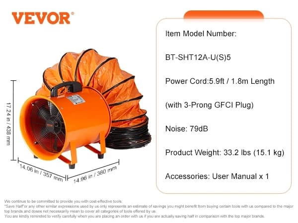 12 tommer Industriel Værktøjsblæser, 585W motor, IP44 Vurderet,33 fod