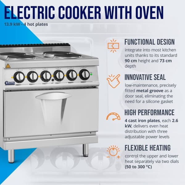 Royal Catering - Elektrisk spis med ugn - 13,9 kW - 4 plattor - 80 x 73 cm - Pro 730-serien