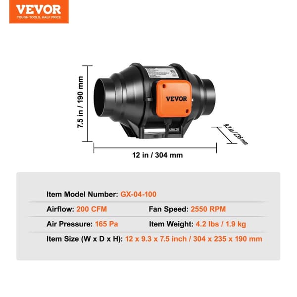 VEVOR Inline Duct Fan, 200 CFM Ilmavirta, 2550 RPM Tuulettimen Nopeus,4 tuumaa