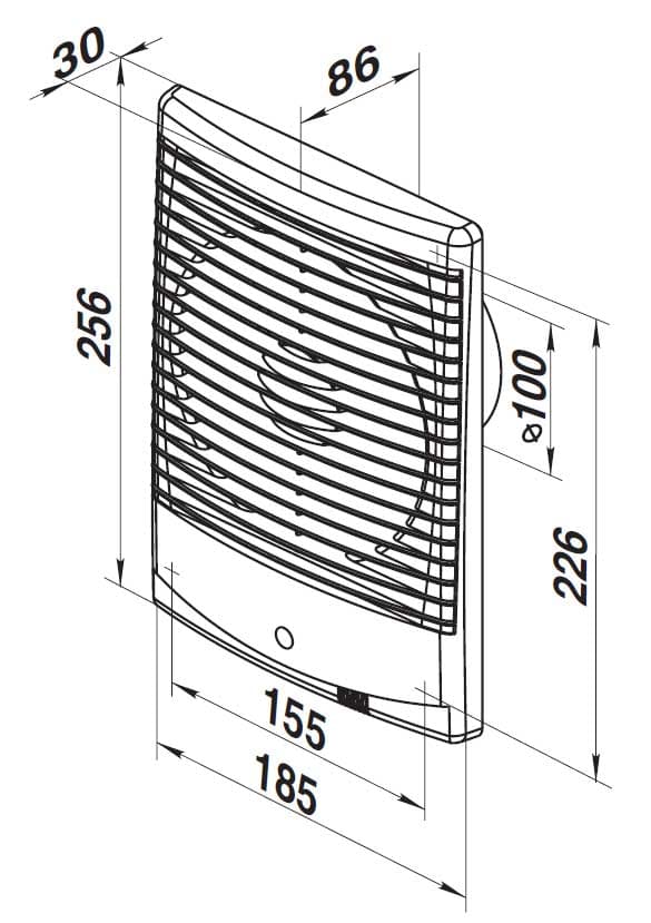 Forte 100 mm rektangulær aksial badeværelsesventilator, version med afbryder