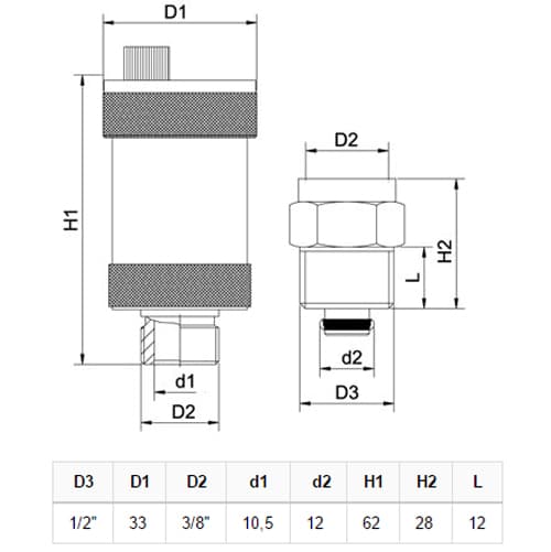 Automaattinen ilmausventtiili 1/2” jalkaventtiilillä