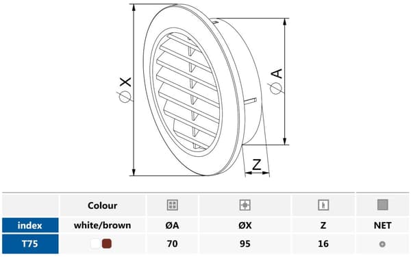 Brun ventilationsgitter til 70 mm åbning