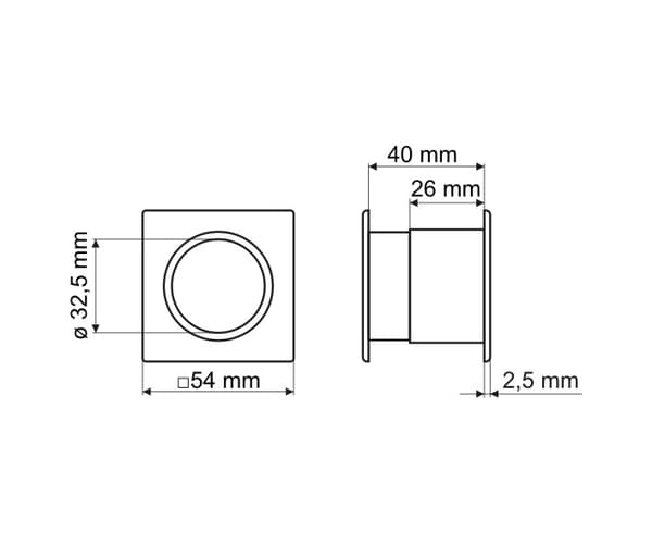TW01 Ventilationsmuffe, firkantet, blank krom