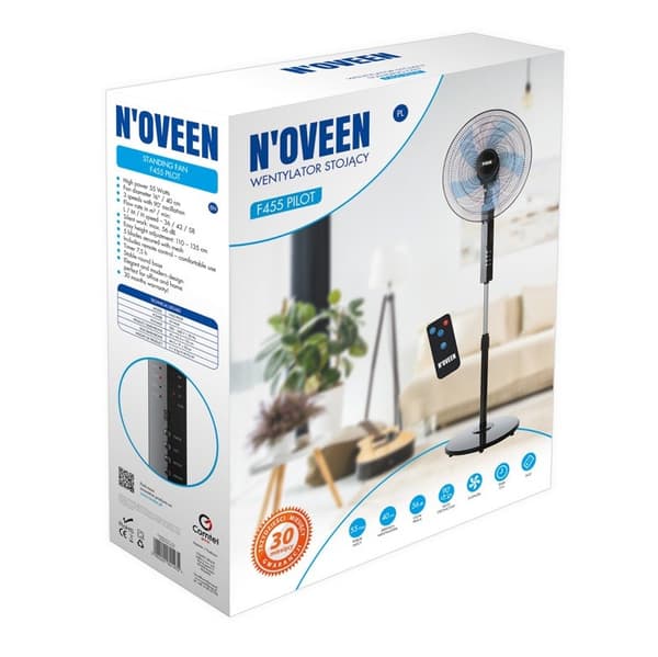 N'OVEEN F455 16"/40 cm stående ventilator med fjernbetjening, Sort