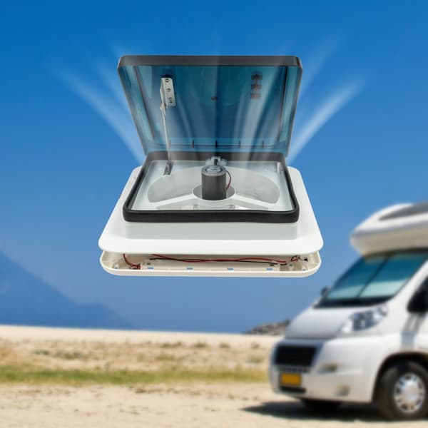 Holdbar RV-udstødningsrør, 30m³/min luftstrøm, justerbare ventilatorblade, UV-beskyttende Oxford-dome