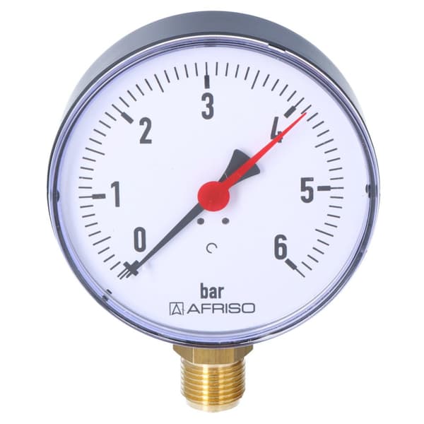 Varmemanometer RF 100 RAD, fi 100 mm, 0-6 bar, 1/2 tomme radius, kl. 2,5 lodret