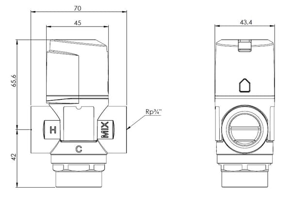 Termostatisk blandeventil ATM 331 DN20 RP 3/4 tommer temperaturområde 20-43 st C, Kvs 1,6 m3/t