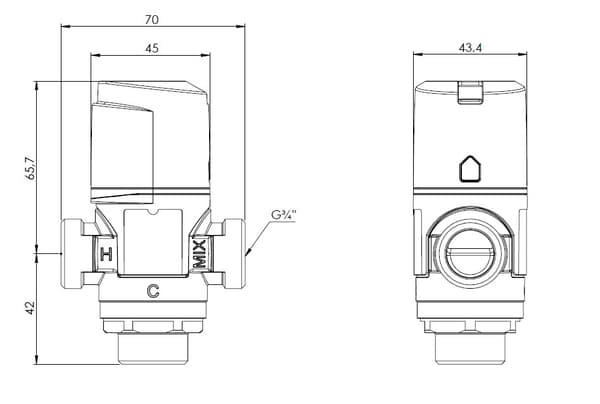 Termostatisk blandeventil ATM 343 DN15, G 3/4 tommer, temperaturområde 35-60 grader C, Kvs 1,6 m3/t