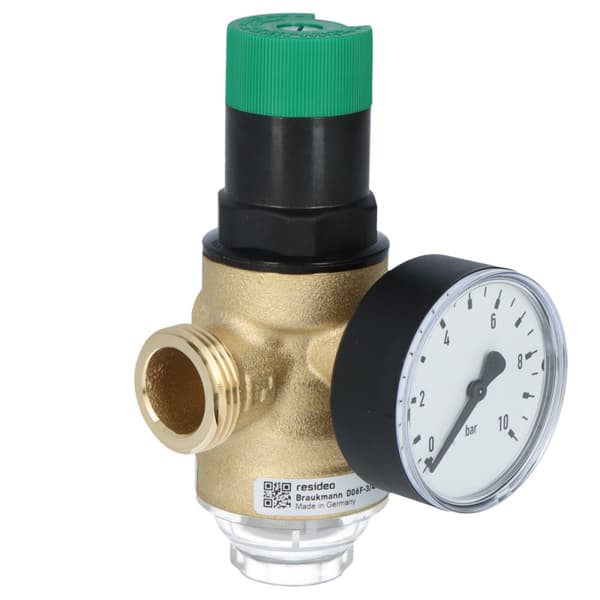 Trykregulator, med forskruninger, 3/4 tomme, med manometer 0-10 bar