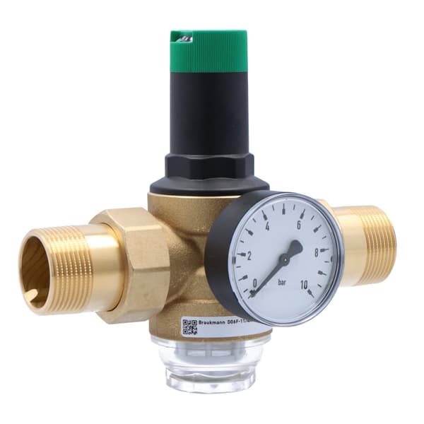 Trykregulator, med forskruninger, 1 1/4 tomme, med manometer 0-10 bar