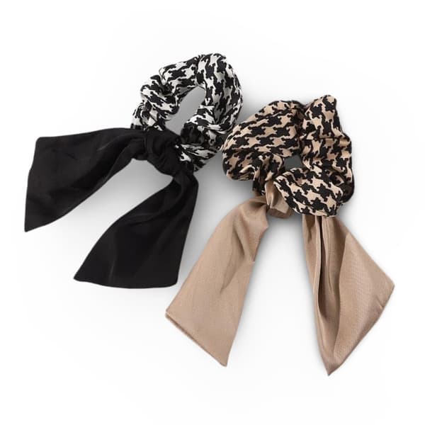 SÆT 2 stk trendy Scrunchies sløjfe ternet stof elastik kvast brun sort