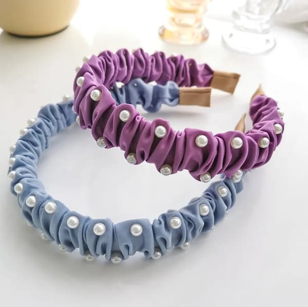 Håndlavet luksusdiadem letvægts med rynket stof og perler Blue