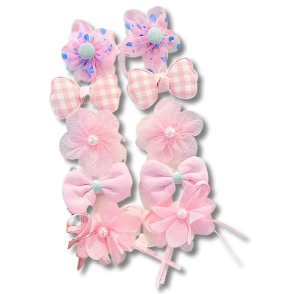 Sæt med farverige sløjfer hår klips blomster perler Lyserød One-size