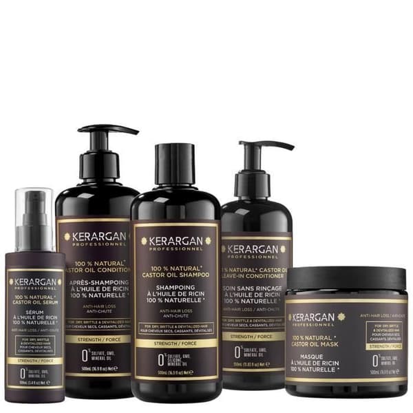 Kerargan - Anti-håravfall schampo, balsam, mask, serum &amp; Castor Leave-In Set för skadat hår - 3x500ml+100ml+350ml