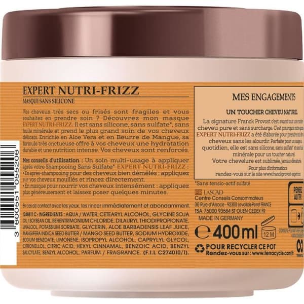 FRANCK PROVOST Expert Nutri-Frizz proffsmask - För torrt eller lockigt hår - 400 ml