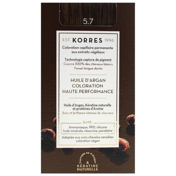 Permanent färgning - Korres - Chestnut Brown 5.7 - Arganolja - Naturligt keratin - Skonsam vård