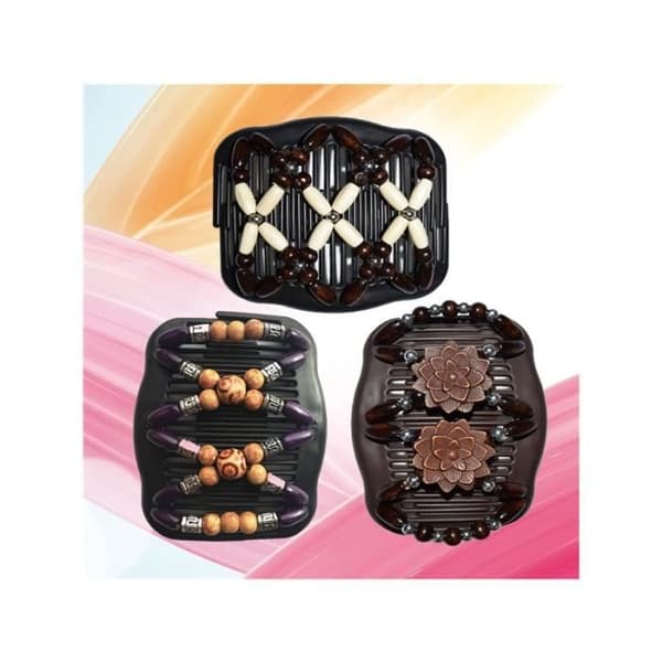 Magic Wooden Clip Comb - 3 st - Svart, Brun - Vuxen - Dam