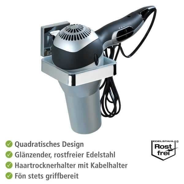 WENKO Quadro väggmonterad hårtorkhållare, väggmonterad hårtorkhållare Vacuum-Loc®-fäste utan borrning, rostfritt stål, glansigt