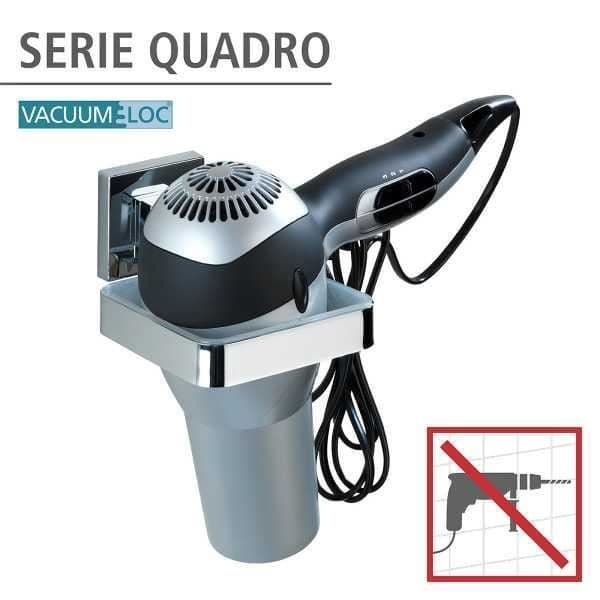 WENKO Quadro väggmonterad hårtorkhållare, väggmonterad hårtorkhållare Vacuum-Loc®-fäste utan borrning, rostfritt stål, glansigt
