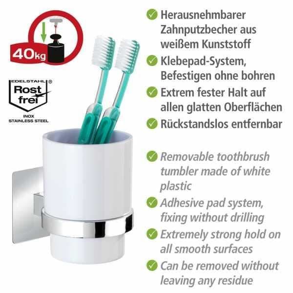 WENKO Quadro tandborsthållare, väggmonterad badrumsglas, Turbo-Loc® fäste utan borrning, rostfritt stål - plast, vit