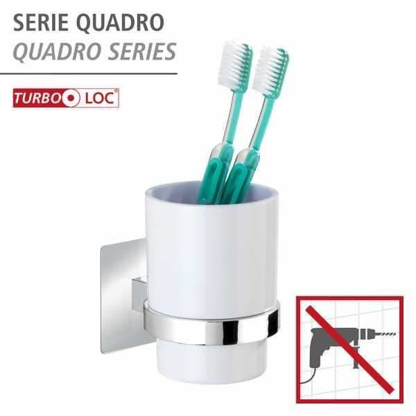 WENKO Quadro tandborsthållare, väggmonterad badrumsglas, Turbo-Loc® fäste utan borrning, rostfritt stål - plast, vit