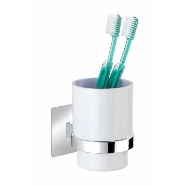 WENKO Quadro tandborsthållare, väggmonterad badrumsglas, Turbo-Loc® fäste utan borrning, rostfritt stål - plast, vit