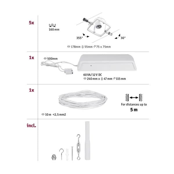Paulmann 94432, Skena för spotlight, GU5.3, 0 lampor, 230 V, Krom, Vit