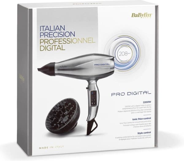 BaByliss Pro Digital Hårtork 6000E - 2200W - Diffusor + 2 blåsmunstycken