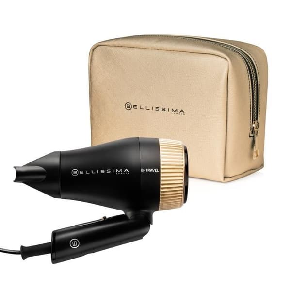 Hårtork - Bellissima - Kompakt resa för alla hårtyper - Vikbart handtag - 2 kombinationer &amp; resväska - 1400W Svart, Guld