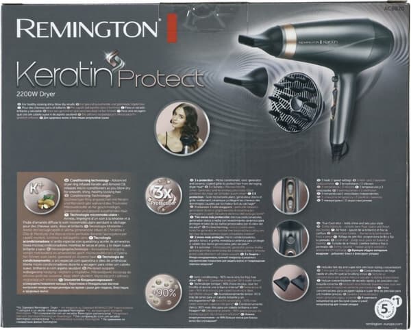 Remington Keratin Protect hiustenkuivain, AC, 41 m/s, Hopea, 3 m, 2200 W