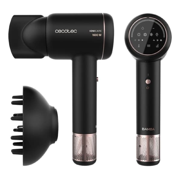 Cecotec Dryer with digital motor and real ion, digital touch display, and magnetic accessories.