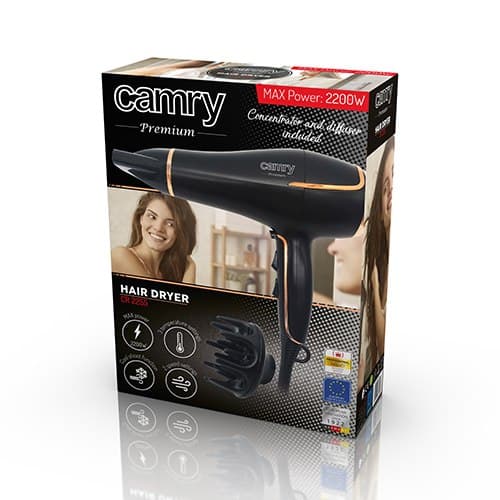 Camry | Hårtørrer | CR 2255 | 2200 W | Antal temperaturindstillinger 3 | Diffusermundstykke | Sort