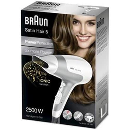 Braun | Hiustenkuivaaja | Satin Hair 5 HD 580 | 2500W | Lämpötila-asetusten lukumäärä 3 | Ionitoiminto | Valkoinen/hopea
