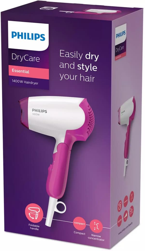 Philips | Hårtørrer | BHD003/00 | 1400 W | Antal temperaturindstillinger 2 | Hvid/Pink