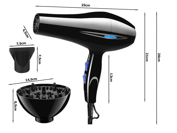Hårfön / Hårtork - 1200W - Med Koncentrator & Diffuser