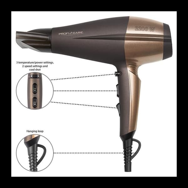 Hårtork - ProfiCare - PC-HT 3010 - Brun / Brons - 2200W - 3 Temperaturer - 2 Hastigheter