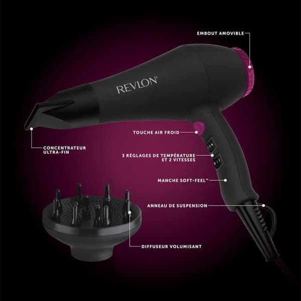 Hårtork - REVLON - RVDR5251E - Perfect Heat - 2000 W - AC motor - 2 hastigheter - Svart / Rosa