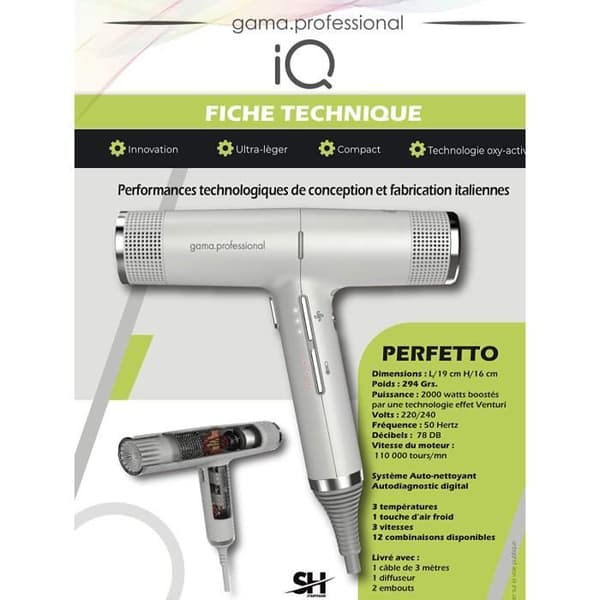 Gama IQ PERFETTO professionell hårtork - Grå - 3 temperaturer - 3 hastigheter - 1 touch av kall luft