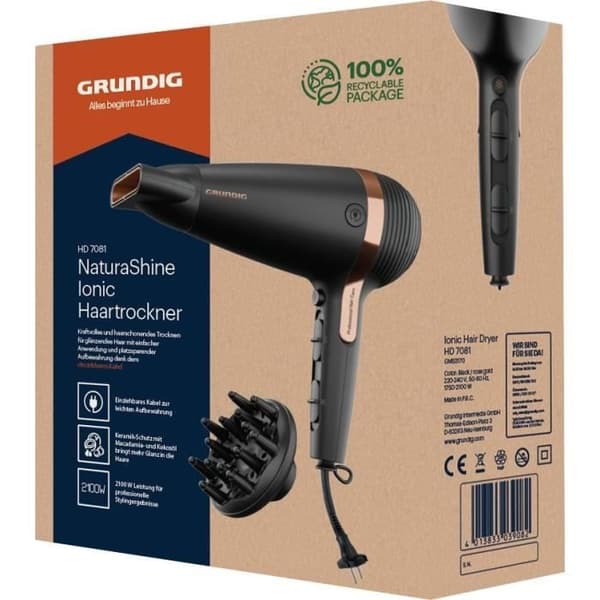 GRUNDIG HD7081 - Infällbar hårfön med sladd - 2100W - Jonisk funktion - Kallluftknapp - 2 hastigheter - 3 temperaturer