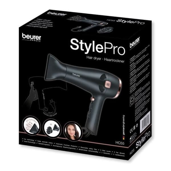 BEURER HC55 STYLE PRO hårtork med kabelupprullningsfunktion - Svart/koppar