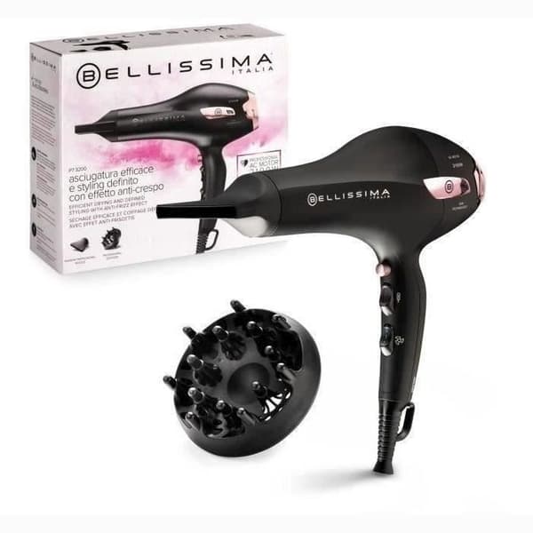 Hårtork - Bellissima - Professional Light Ionic P7 3000 - Koncentrator + Diffuser - 3 snabba torktemperaturer - 2100W Svart, Rosa